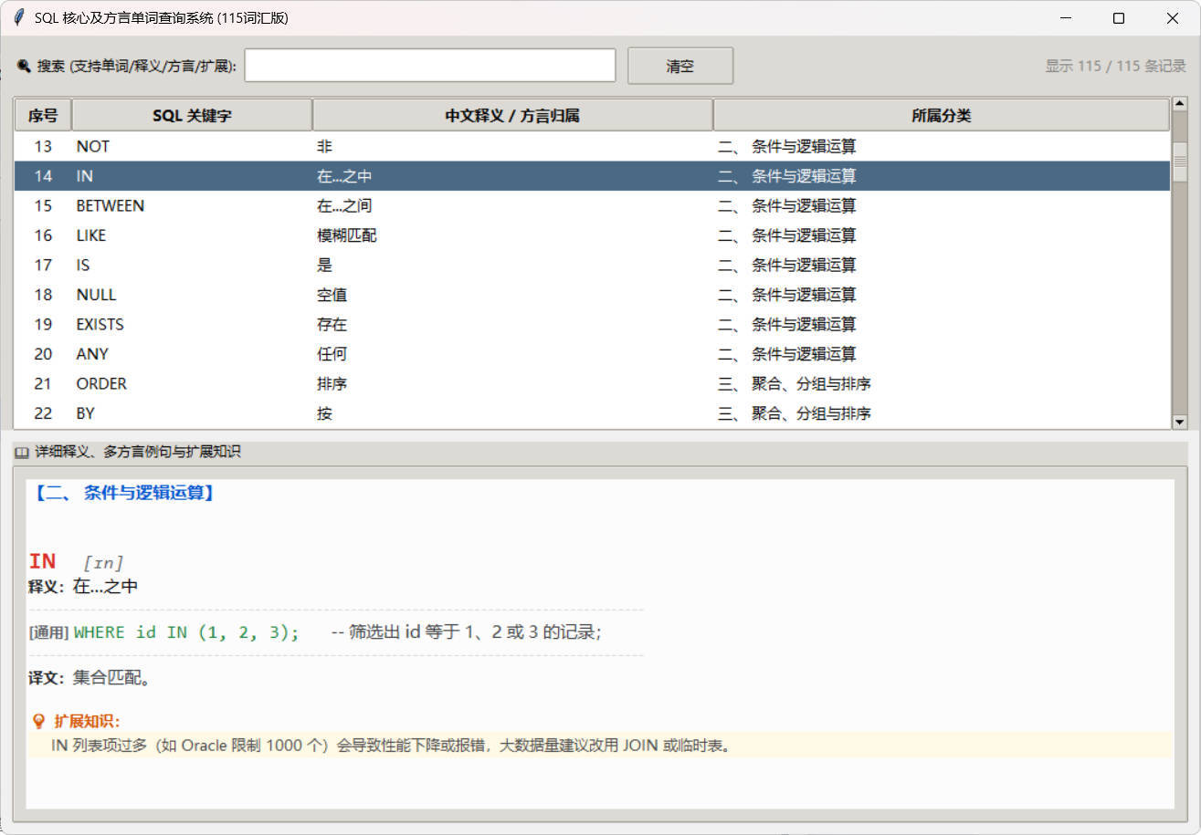 SQL常用核心单词查询115词客户端-青鹤工作室