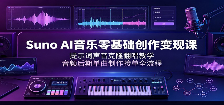 Suno AI音乐零基础创作变现课：提示词声音克隆翻唱教学，音频后期单曲制作接单全流程-青鹤工作室
