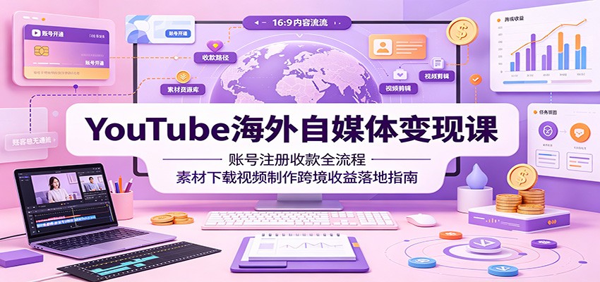YouTube海外自媒体变现课：账号注册收款全流程，素材下载视频制作跨境收益落地指南-青鹤工作室
