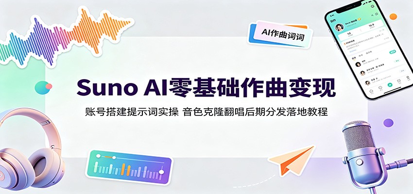 Suno AI零基础作曲变现：账号搭建提示词实操，音色克隆翻唱后期分发落地教程-青鹤工作室