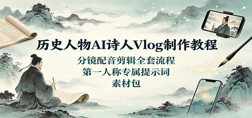 历史人物AI诗人Vlog制作教程:分镜配音剪辑全套流程,第一人称专属提示词素材包-青鹤工作室