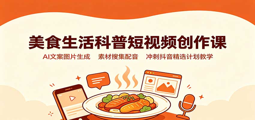 美食生活科普短视频创作课:AI文案图片生成,素材搜集配音,冲刺抖音精选计划教学-青鹤工作室