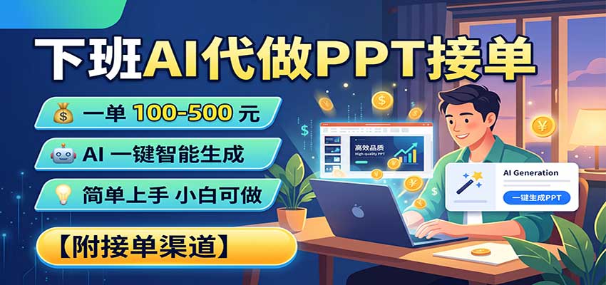 下班AI代做PPT接单，一单100-500，AI一键生成，小白也能做，附接单渠道-青鹤工作室