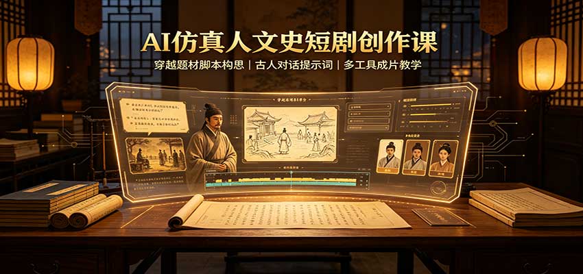AI仿真人文史短剧创作课:穿越题材脚本构思,古人对话提示词,多工具成片教学-青鹤工作室