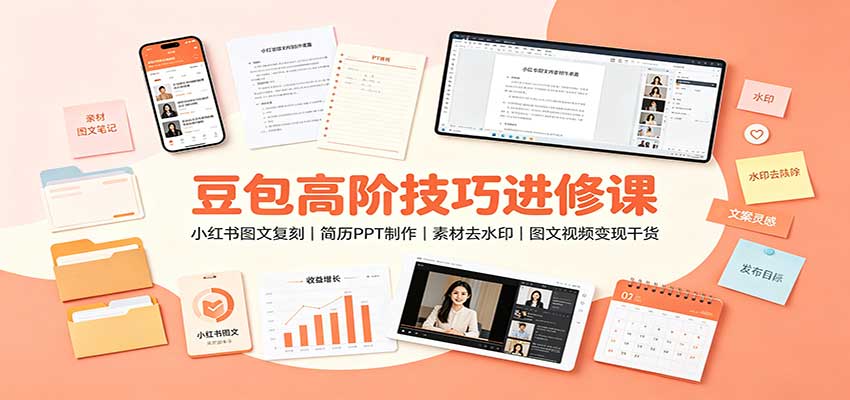 豆包高阶技巧进修课:小红书图文复刻,简历PPT制作,素材去水印,图文视频变现干货-青鹤工作室