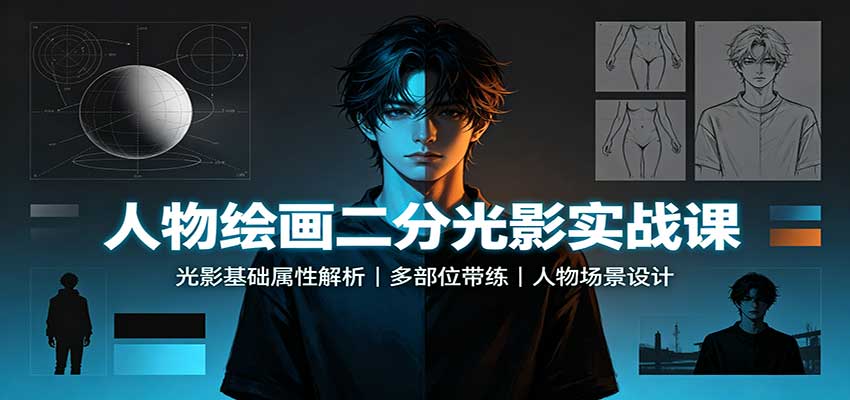 人物绘画二分光影实战课：光影基础属性解析，多部位带练，人物场景设计-青鹤工作室